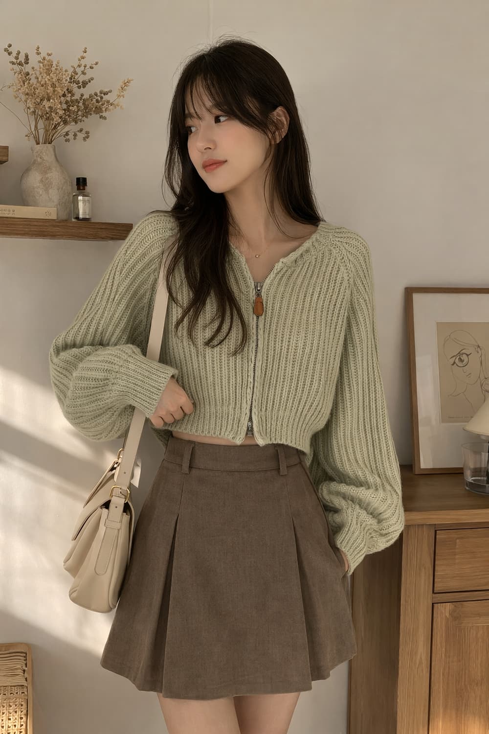 세이지 크롭 니트 후드집업 / 여리핏 볼륨소매 피스타치오 봄후드니트 상품이미지4