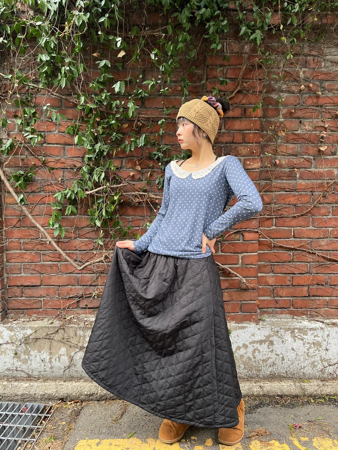 블랙 퀼팅 패딩 롱스커트 상품이미지2