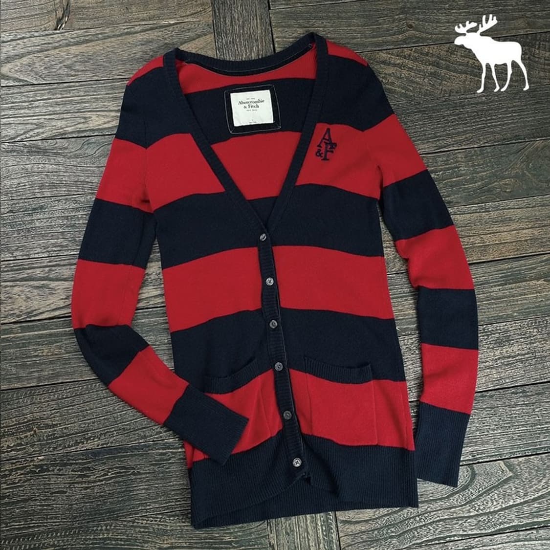 [아베크롬비] 로고 자수 볼드 스트라이프 브이넥 니트 가디건 M19085 상품이미지1
