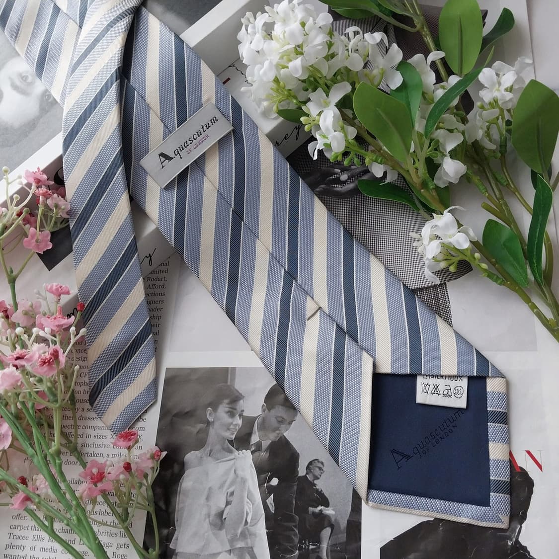 아쿠아스큐텀 실크 블루 스트라이프 넥타이 9.3cm A+등급 K2033 상품이미지4