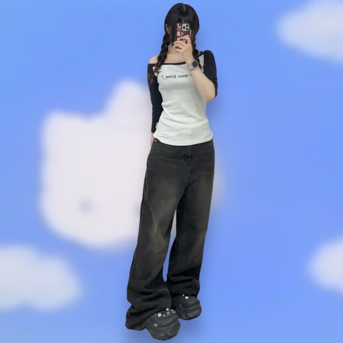 펑크 백프린팅 오프숄더 티셔츠  상품이미지1