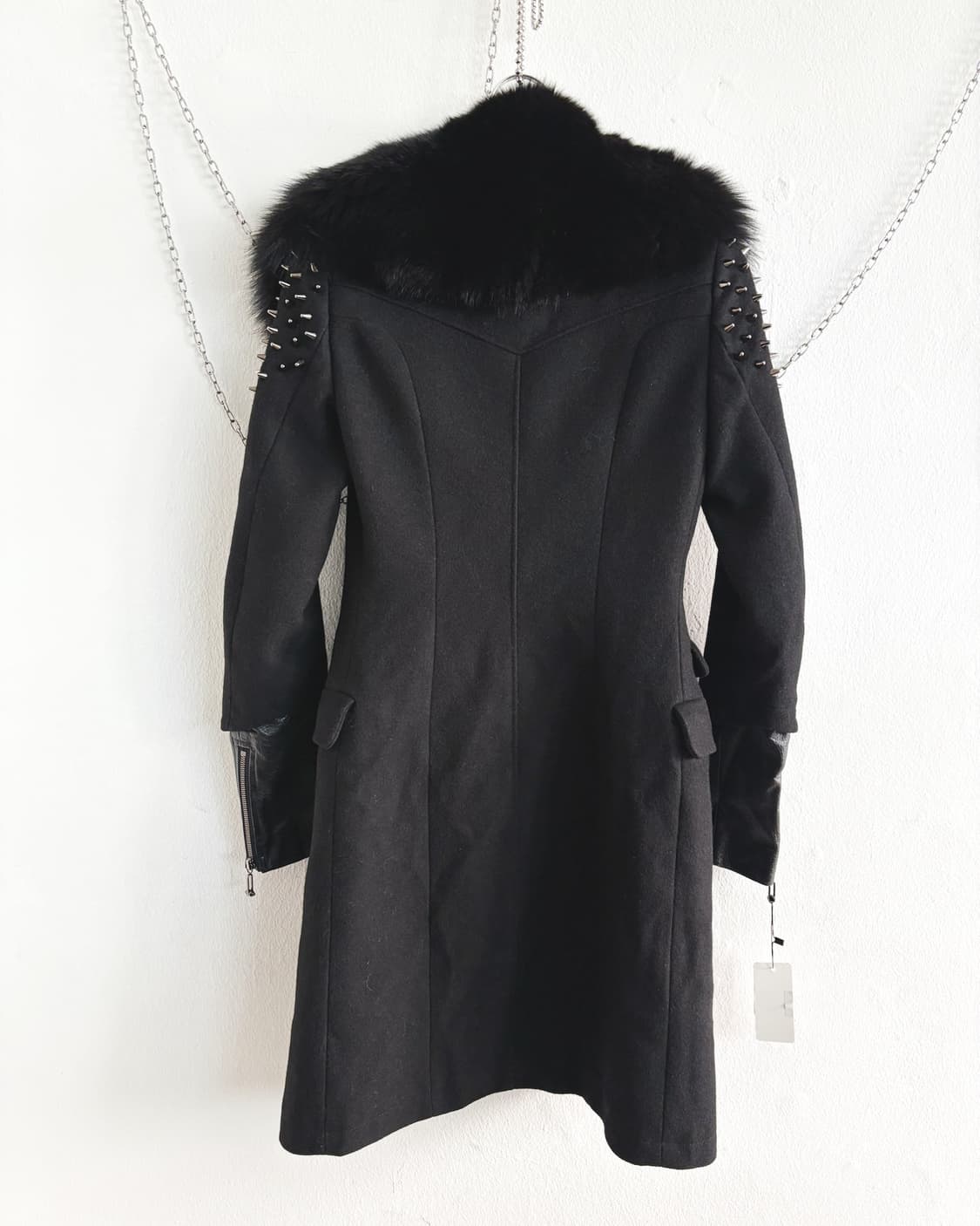 rare* 필립플레인 폭스퍼 칼라 레더슬리브 스터드 롱코트 상품이미지7