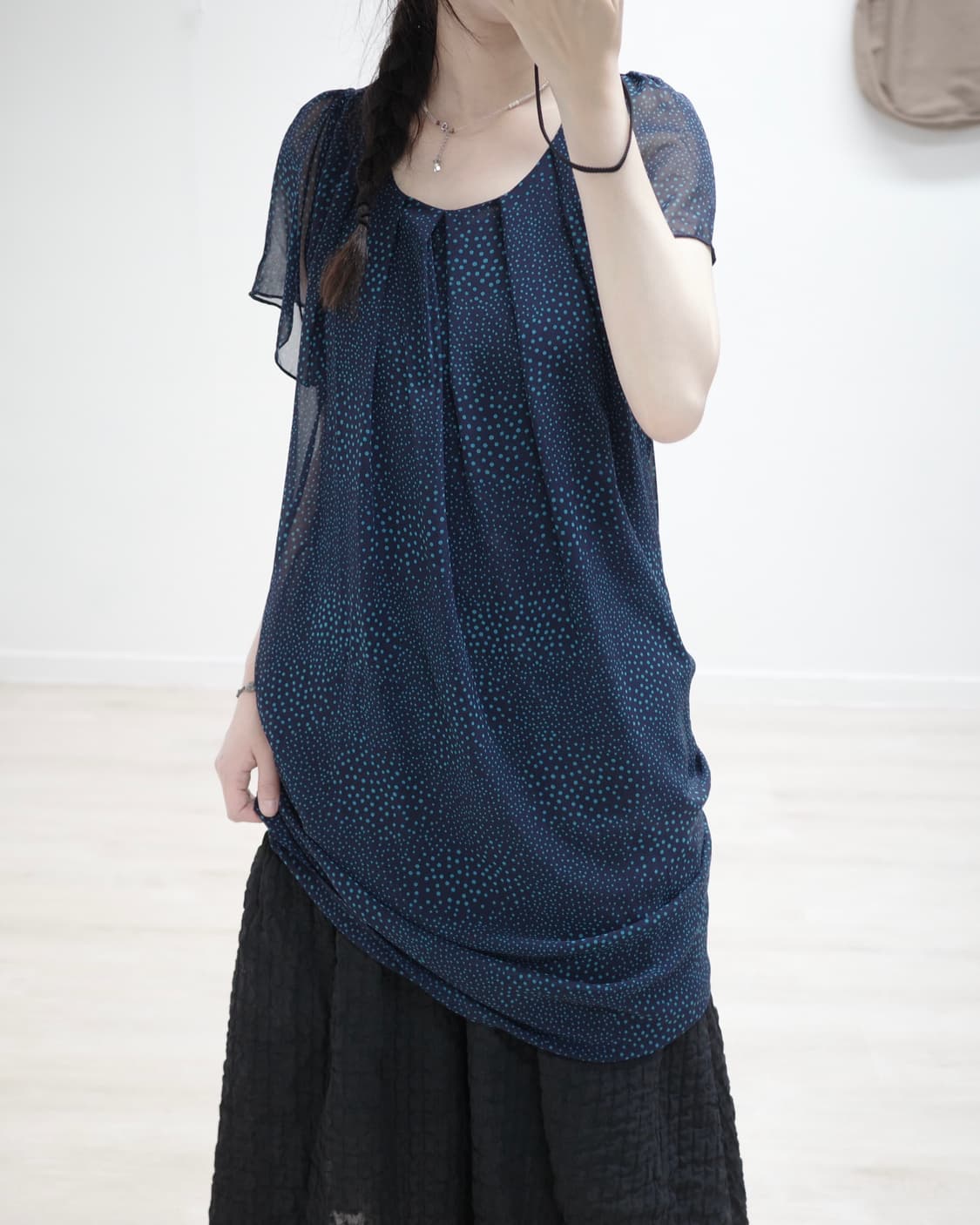 Navy dot shirring one-piece 상품이미지3