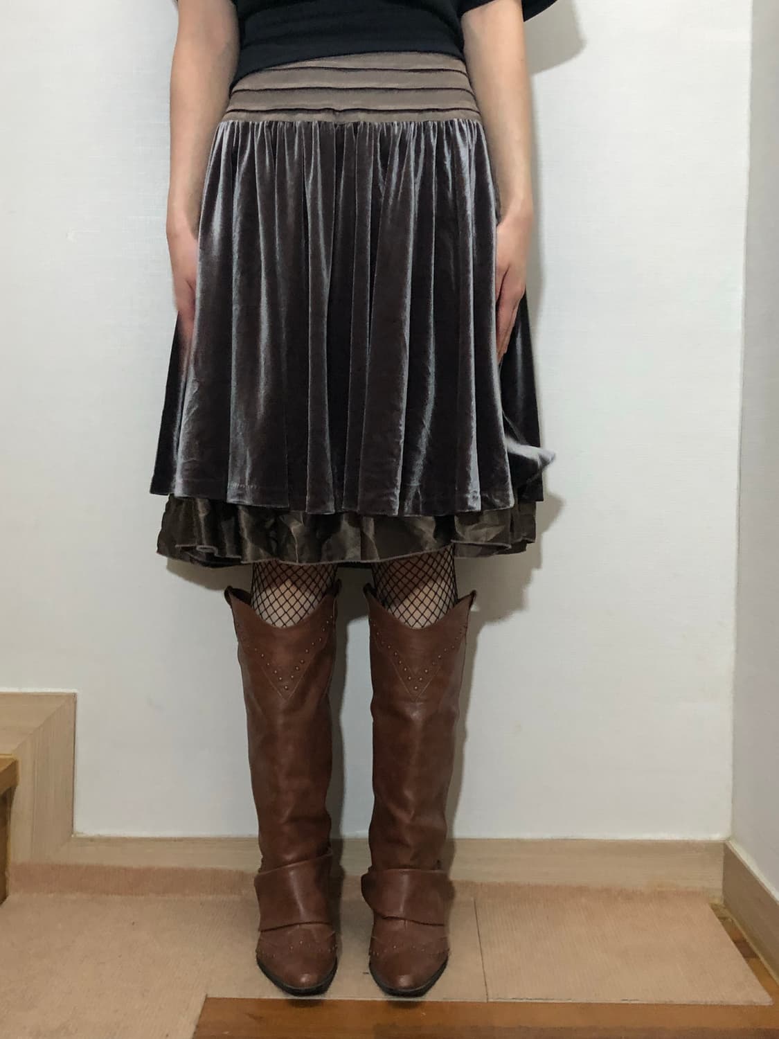 빈티지 그레이 벨벳 미디 스커트 상품이미지3