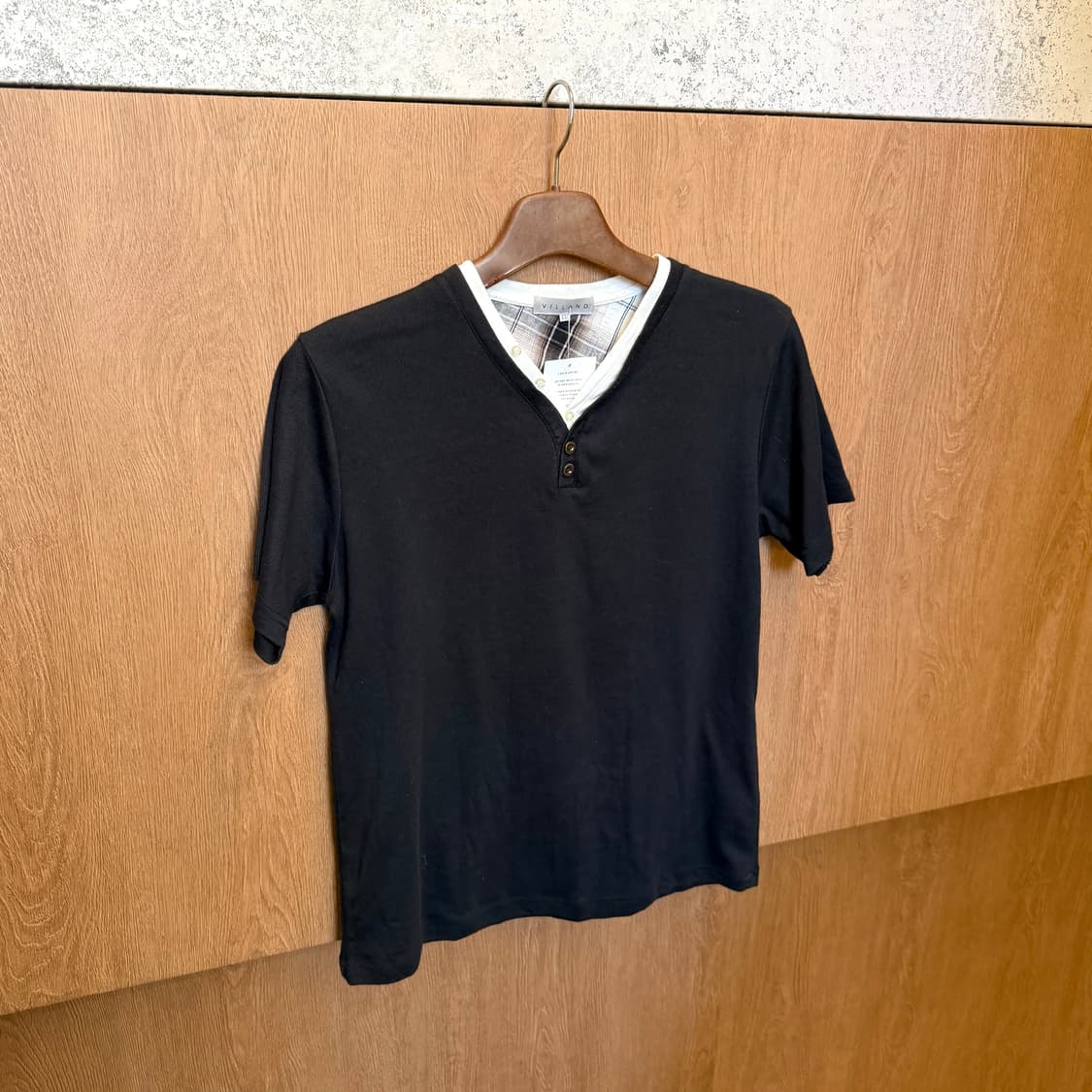 빈티지 헨리넥 반팔 티셔츠 레이어드 디테일 블랙 k78 상품이미지5