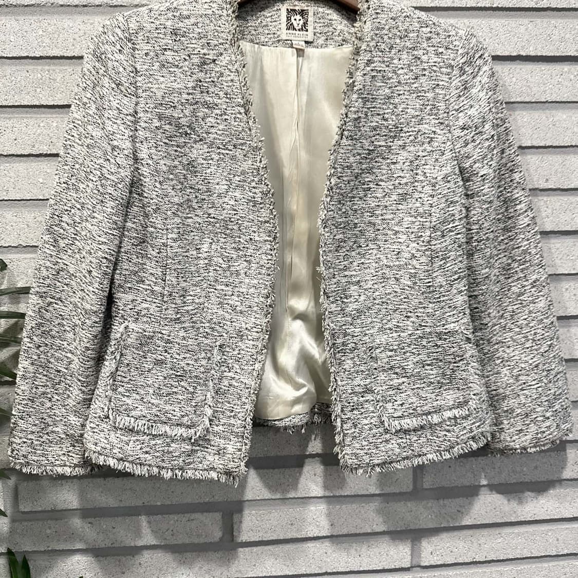 USA VINTAGE 크롭 트위드 오픈 자켓 노카라 프린지 디테일 그레이 상품이미지4
