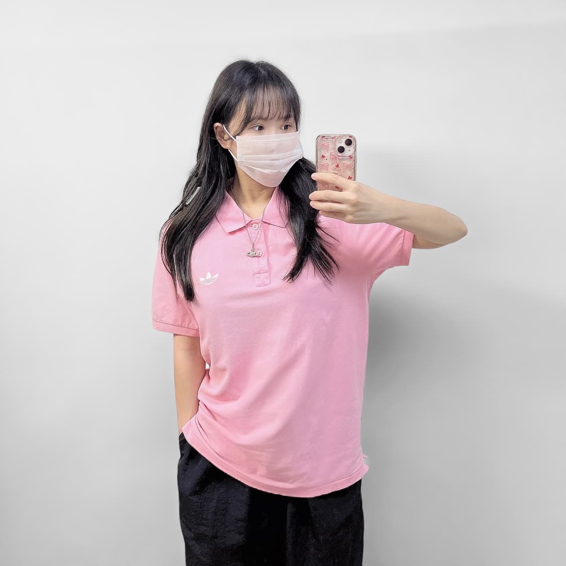 아디다스 불꽃 자수 로고 카라 반팔티 핑크 상품이미지1