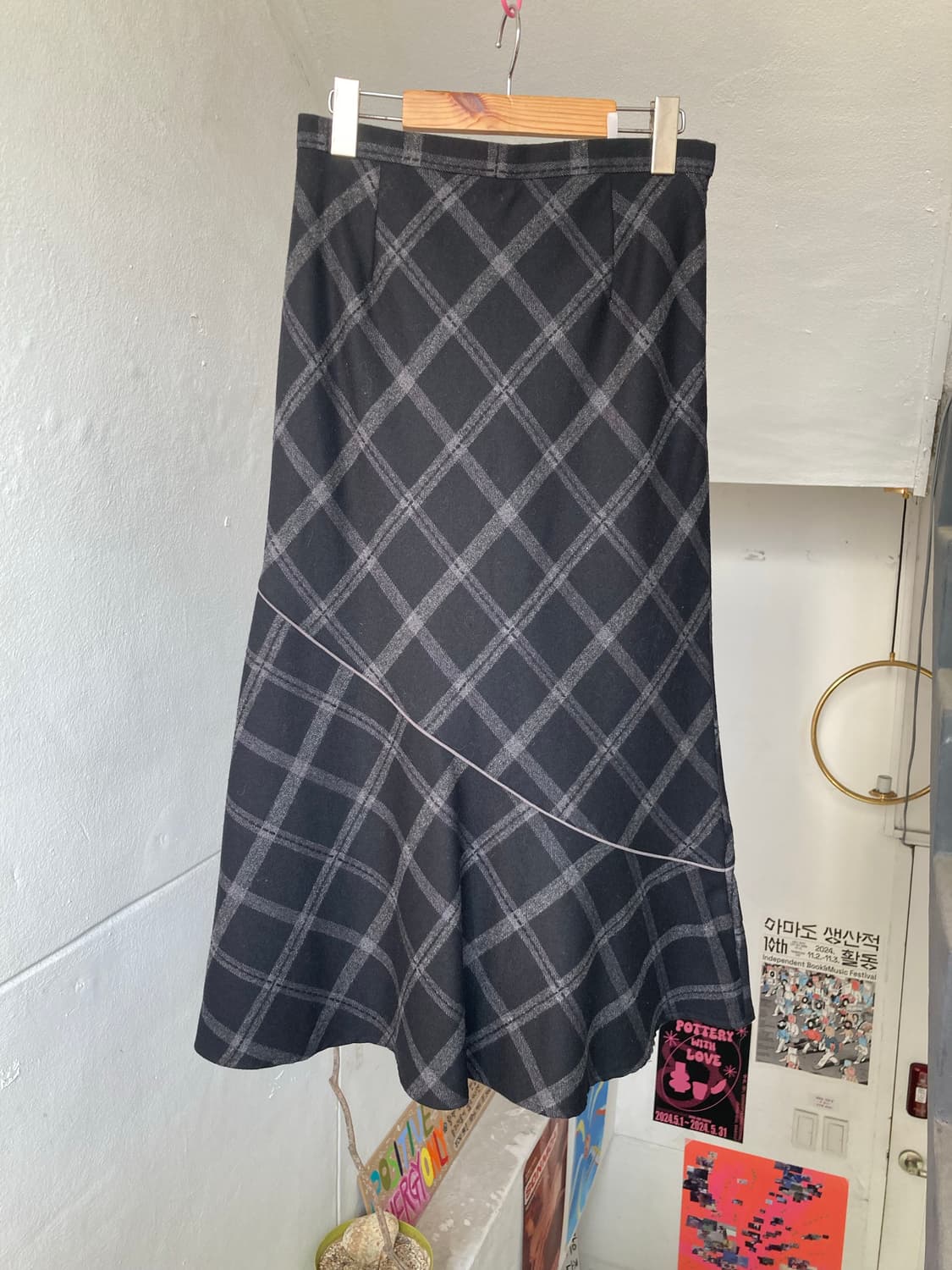 울 체크 플레어 언발란스 롱스커트 상품이미지5