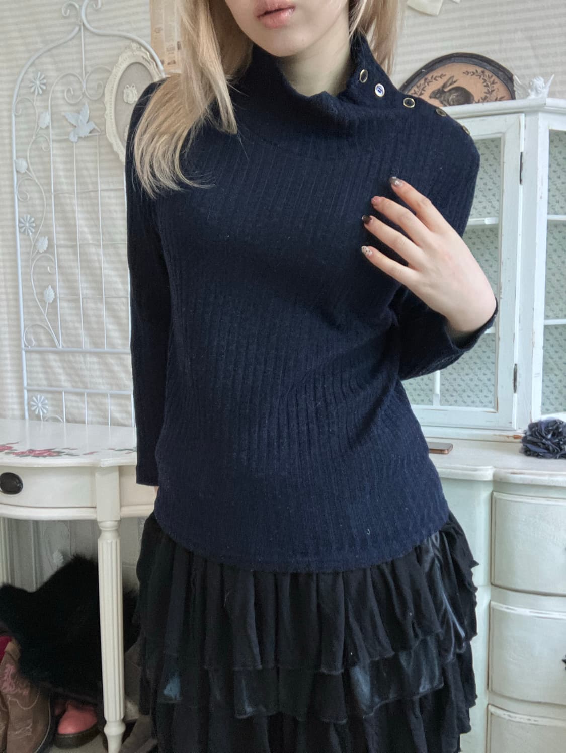 일본빈티지 네이비 사이드 버튼 풀오버 니트 상품이미지2