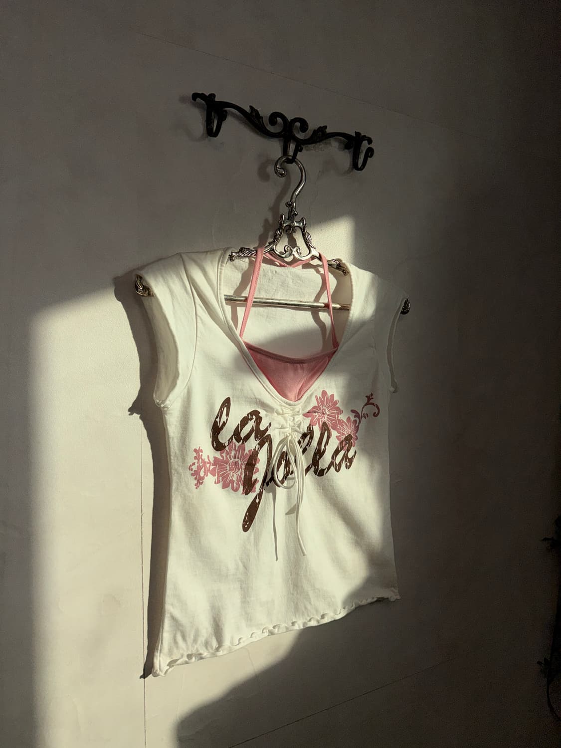 Pink brown lettering halter layer half t 상품이미지3