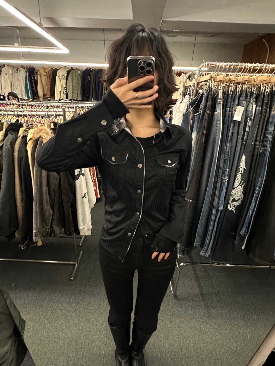 M)Skkone 빈티지 블랙 스트라이프 웨스턴 셔츠 상품이미지1