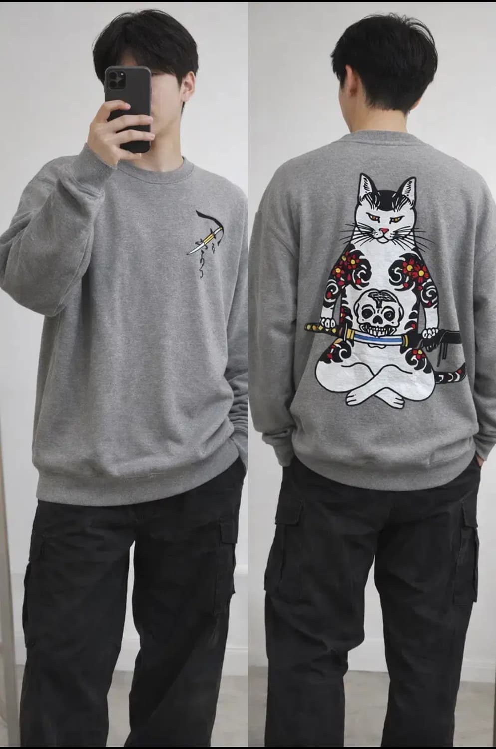 GANThree by MARIE 타투캣 그래픽 맨투맨 스웻셔츠/그레이XL 상품이미지1