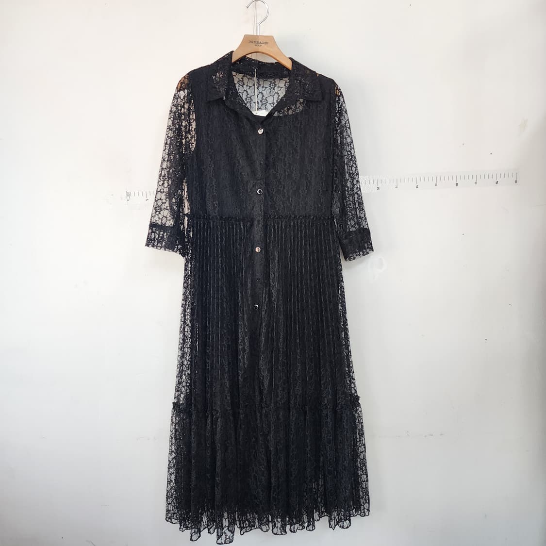 베스띠벨리 블랙 레이스 시스루 플리츠 롱 원피스 상품이미지1