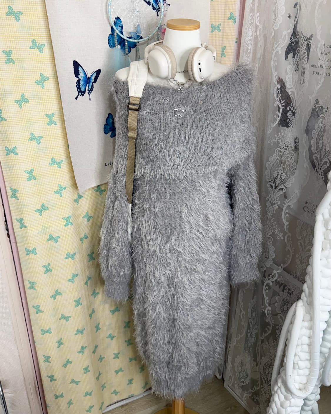 그레이 퍼 오프숄더 니트 원피스 상품이미지3