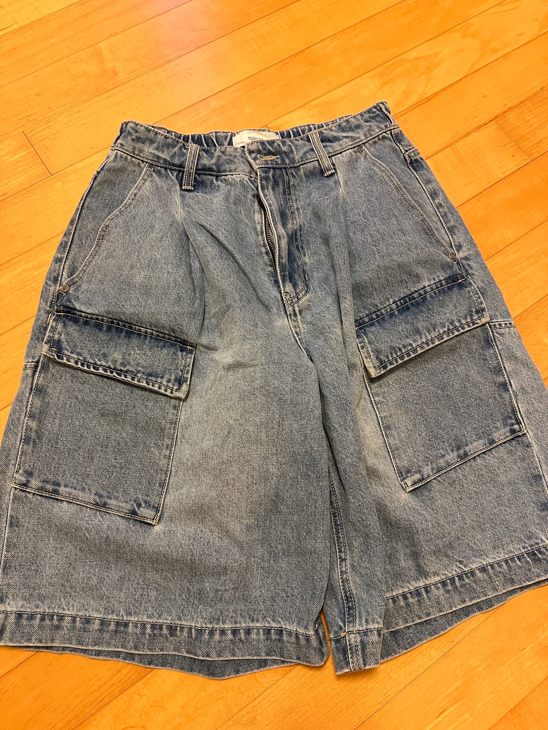 미나브 버디 와이드 카고 버뮤다 데님팬츠 [미드블루] S 상품이미지2