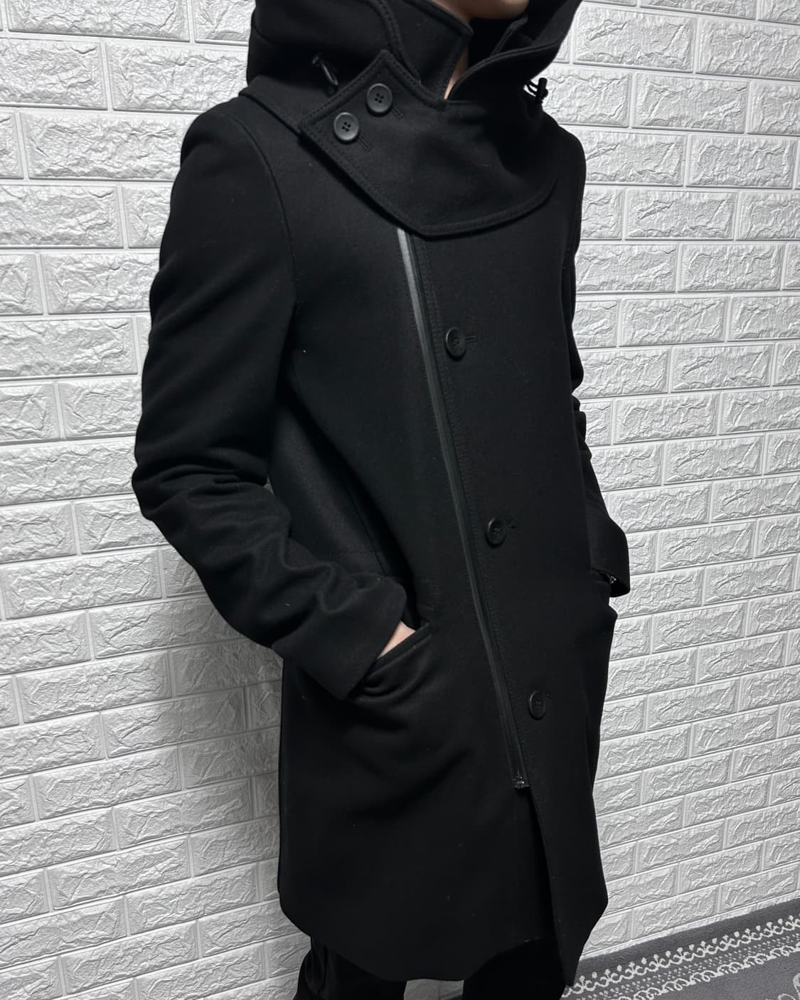 우영미 사선 사무라이 후드 울 코트 상품이미지2