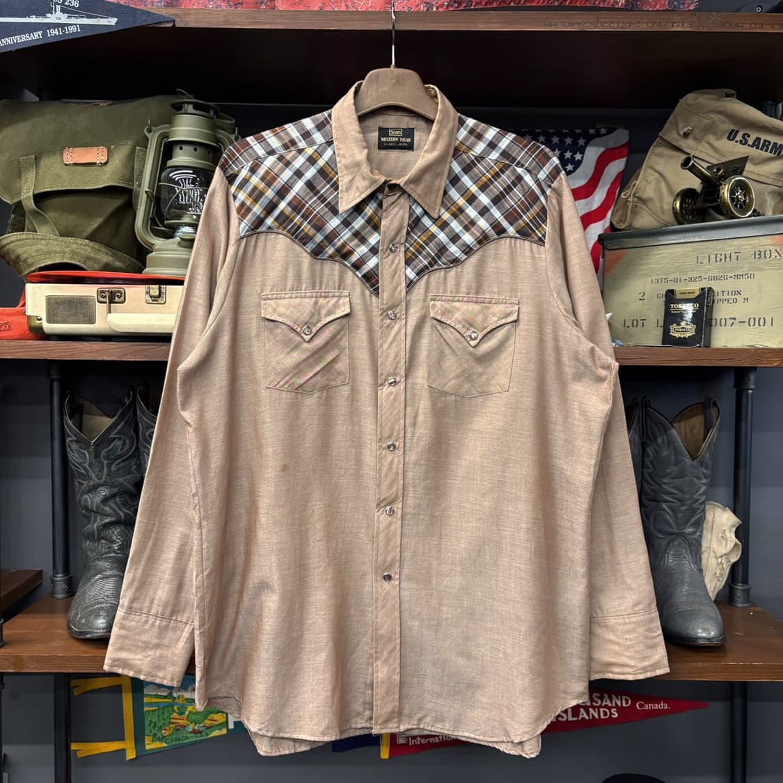 70s Sears 시어스 타탄체크 숄더패드 요크컷 웨스턴 셔츠 N596 상품이미지1