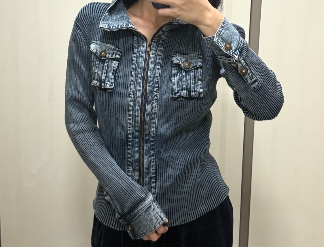 초휘귀)레어 빈티지 데님 포켓 골지 집업 자켓 워싱 y2k 상품이미지3