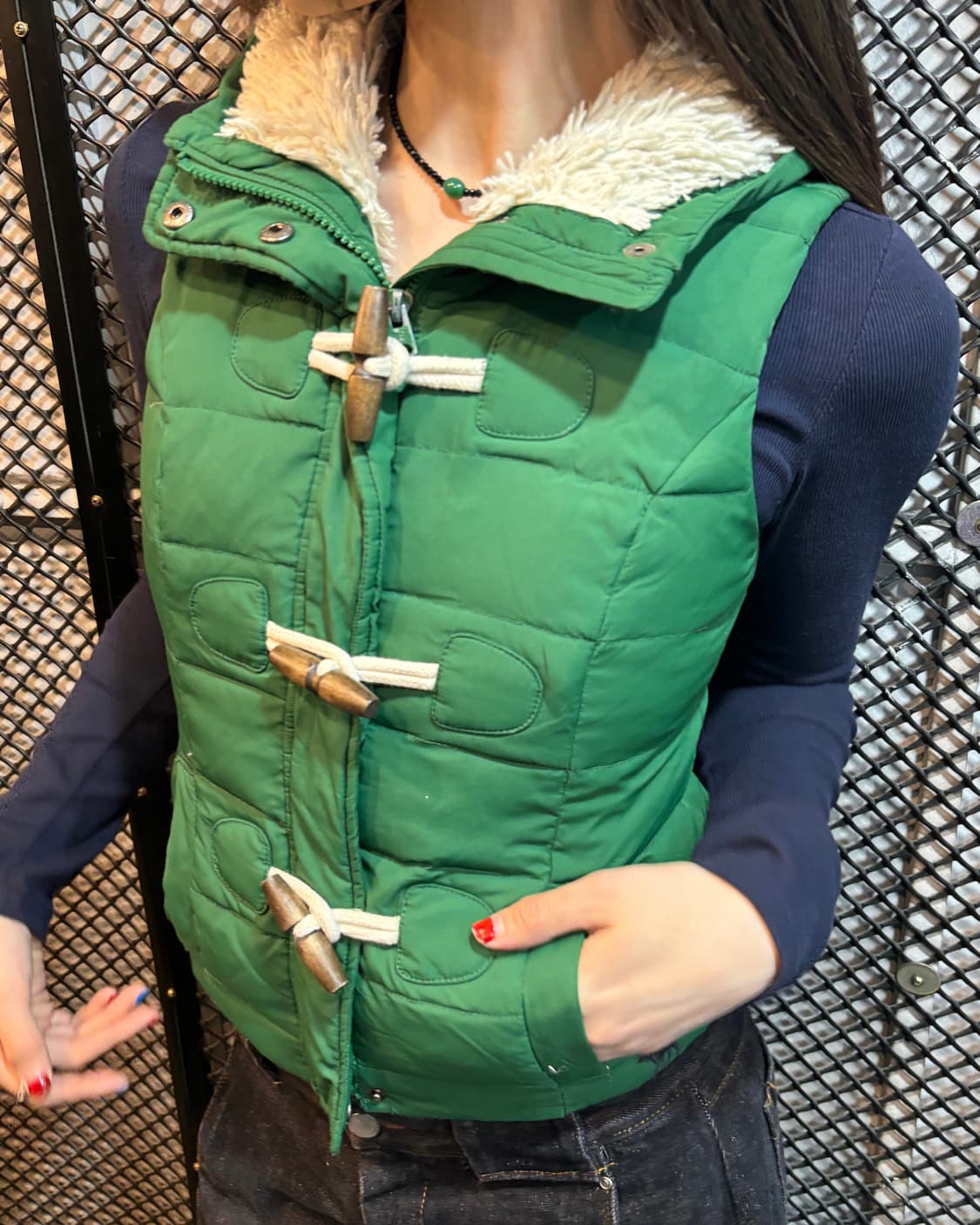 90s 빈티지 그린 양털 카라 패딩 베스트 상품이미지2