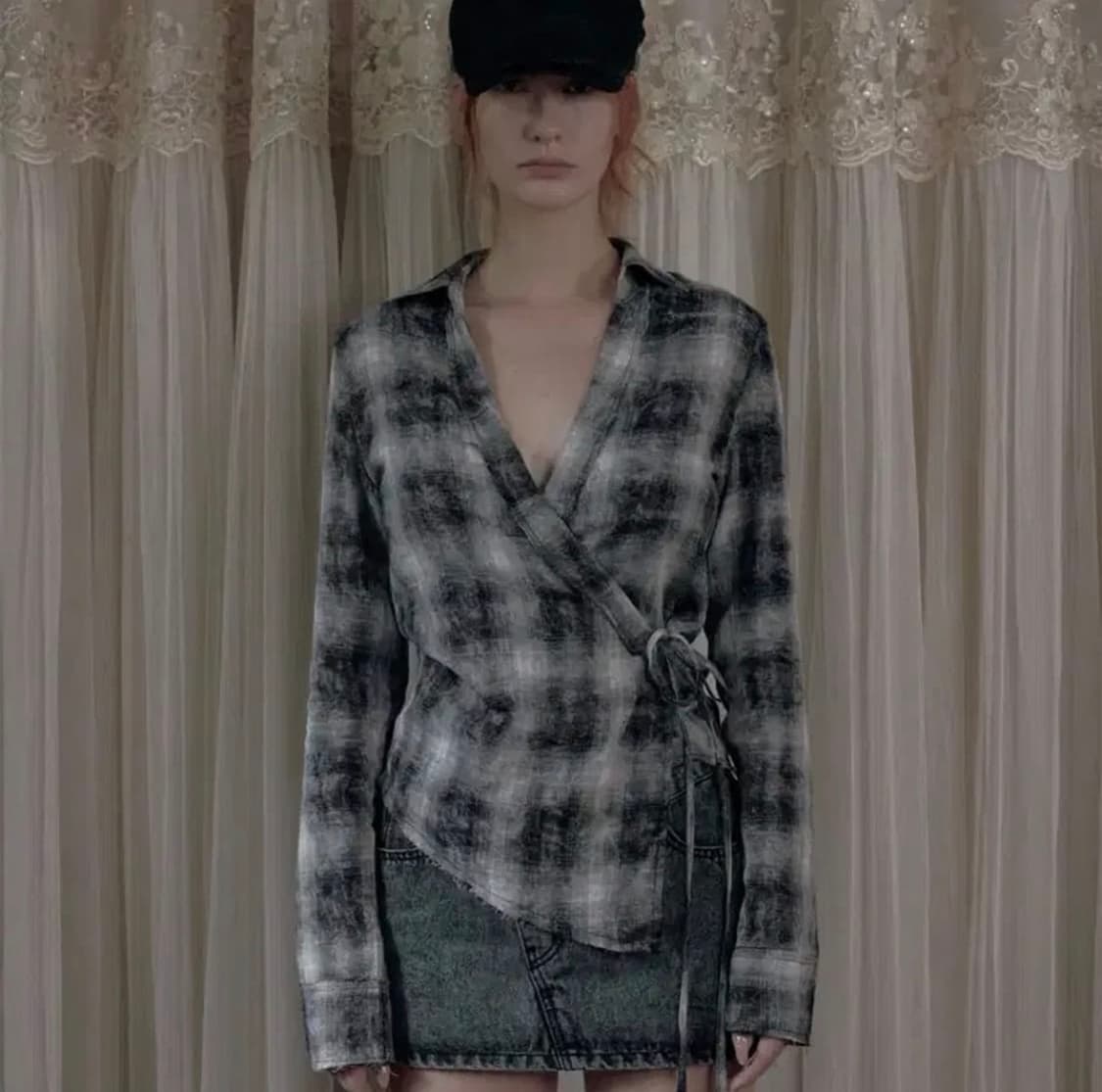 보헤미안서울 랩 언발란스 체크 셔츠 상품이미지1