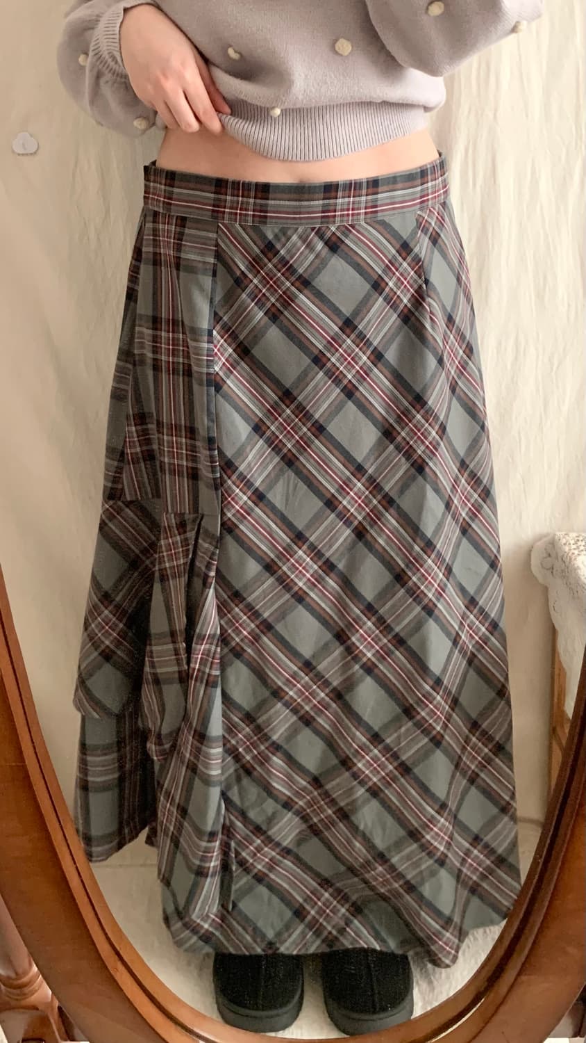 빈티지 언발 셔링 체크 롱스커트 상품이미지3