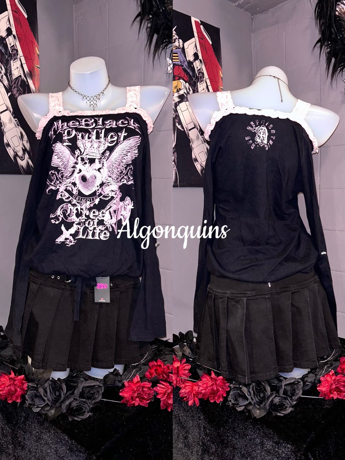 ALGONQUINS 알곤퀸즈 레이스어깨끈 프린팅 긴팔티 갸루y2k펑크키치 상품이미지2