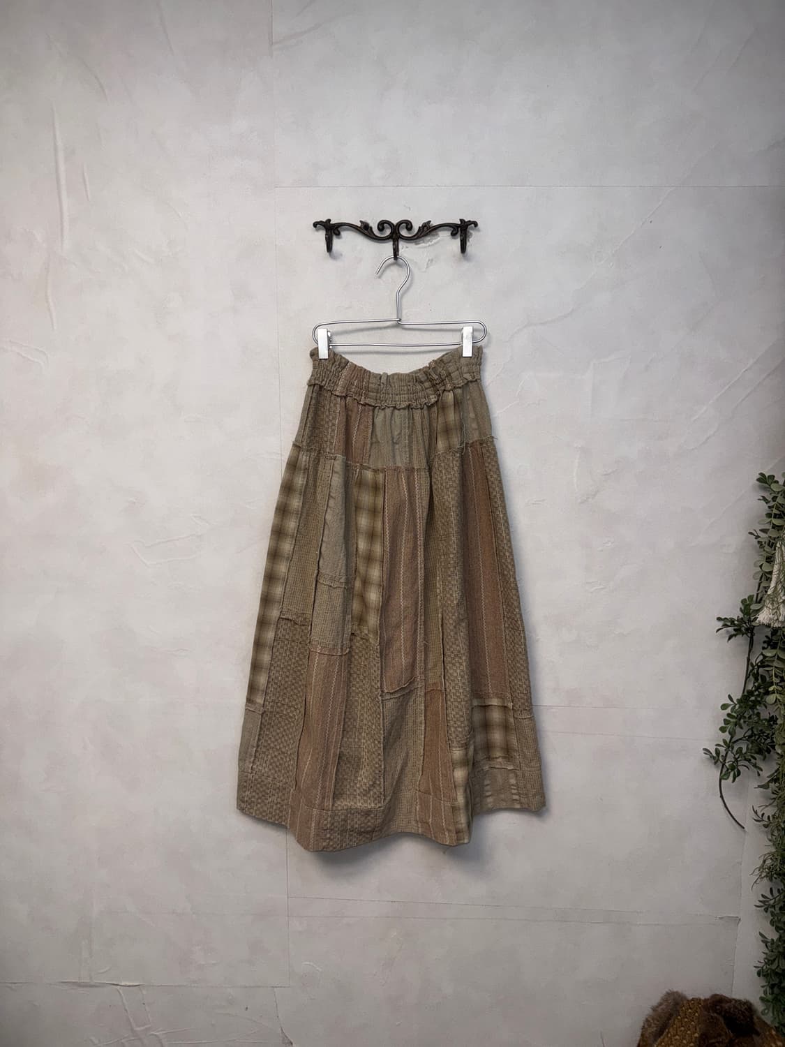 Pink beige check patchwork banding skirt 상품이미지2