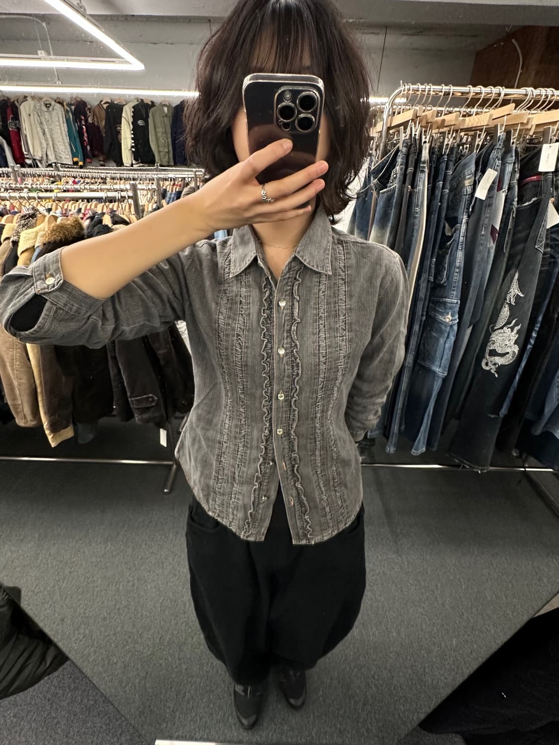 M)Japanese vintage 여성 흑청 셔링 데님 셔츠 상품이미지1