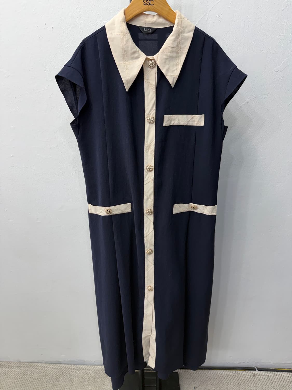 정품) TIME 한섬 네이비 카라 반팔 원피스 82 F 상품이미지1