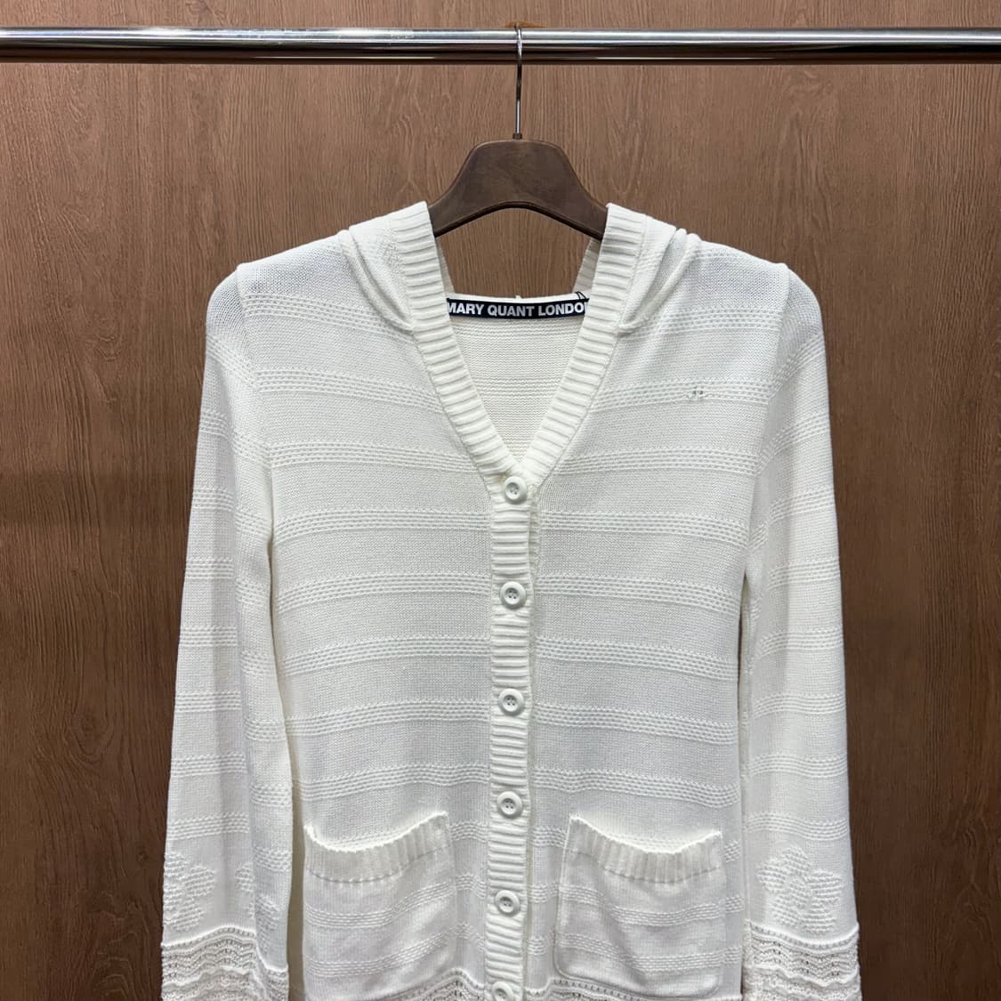 메리퀀트 런던 후드 니트 가디건 스트라이프 레이스 조직 디테일 화이트 상품이미지4