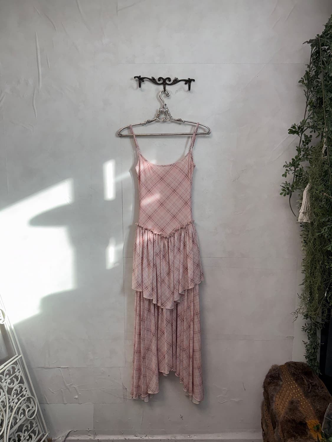 Baby pink check chiffon layered ops 상품이미지2