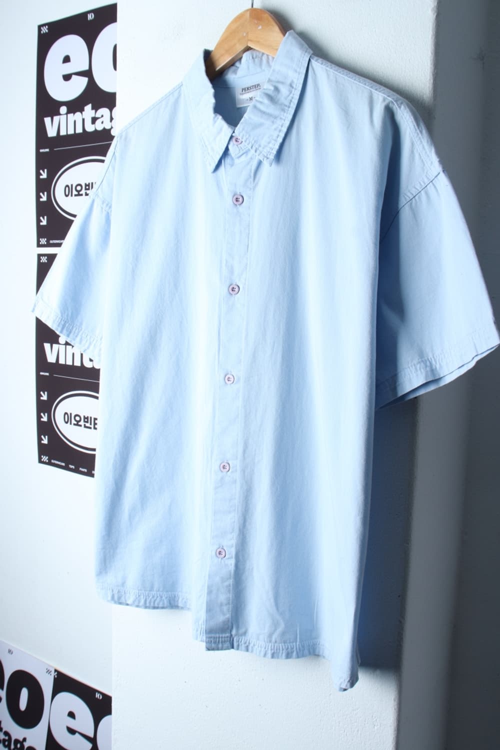 (M-XL) 퍼스텝 반팔 카라 티셔츠 셔츠 남방 연블루 무지-H32124 상품이미지1