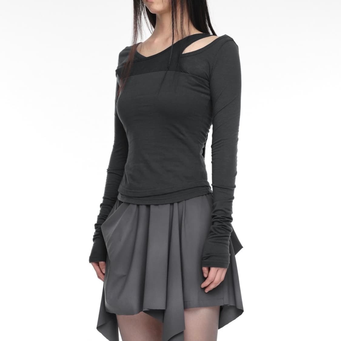 NACHE 나체 믹스드 레이어드 롱 슬리브 차콜 상품이미지2