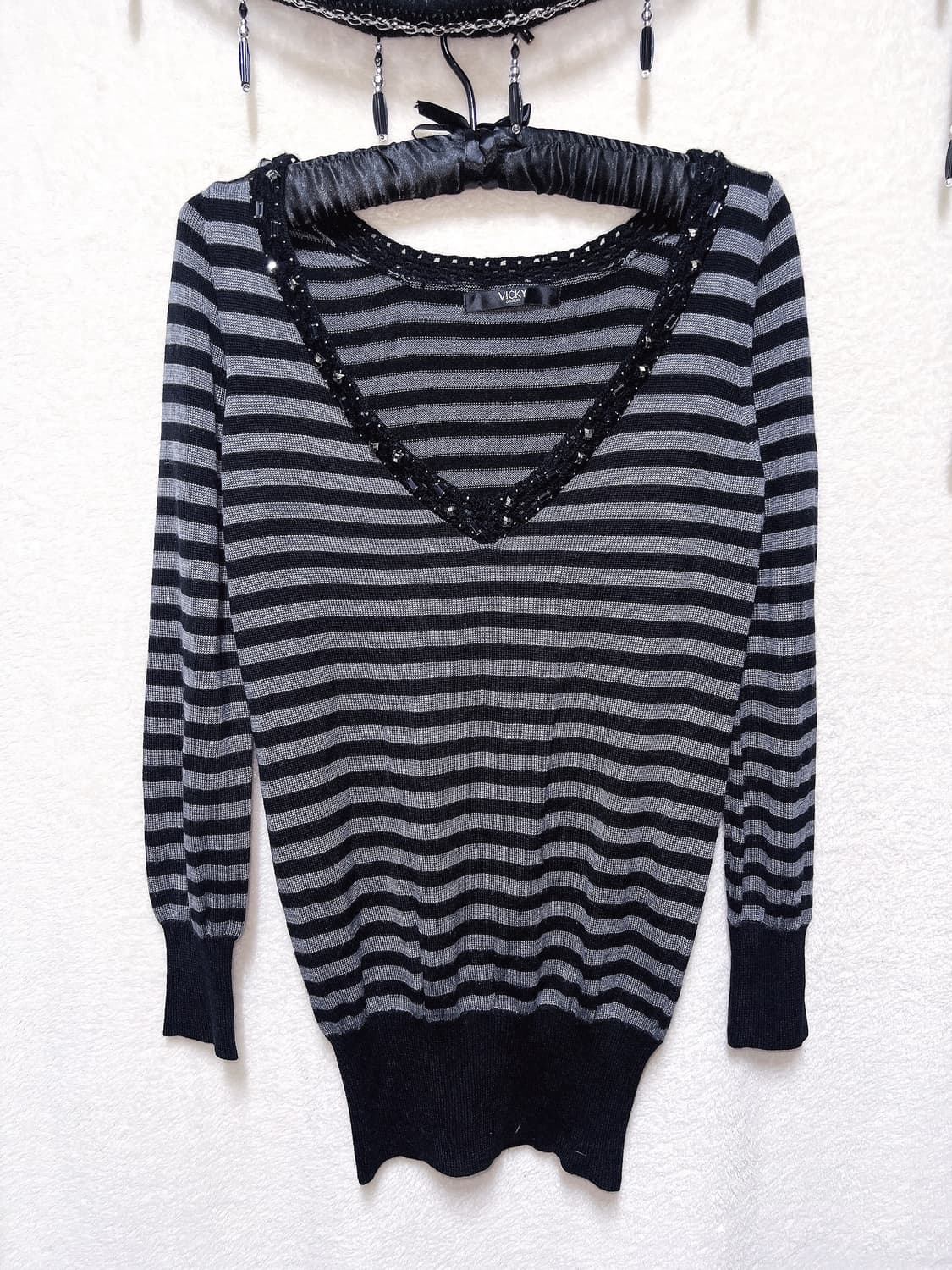 오네갸루 고스펑크 브이넥 스트라이프 비즈 니트 오프숄더 미니원피스 섹시 상품이미지10