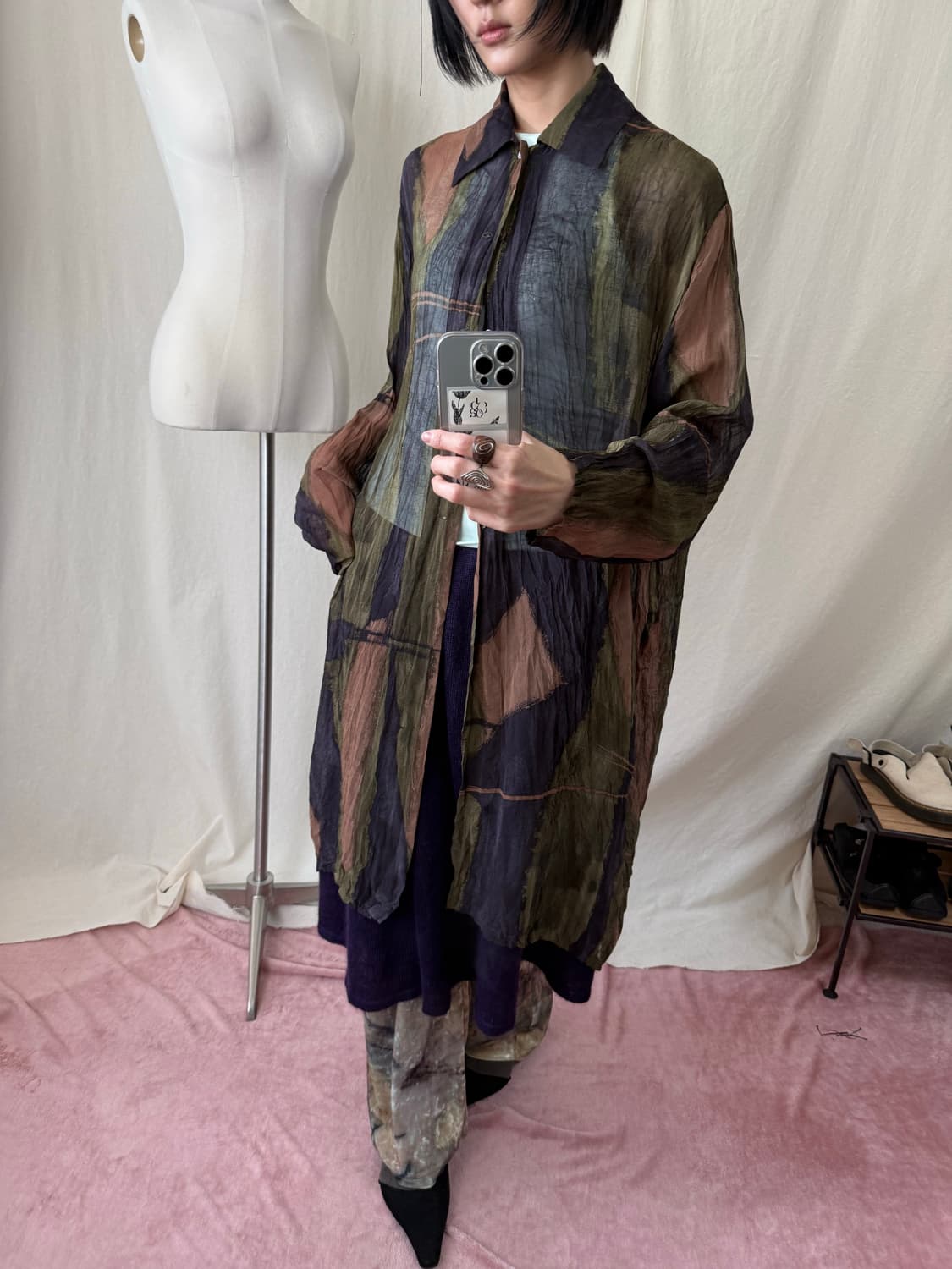 Keiko Kishi by nosh 패턴 시스루 롱 셔츠 상품이미지3