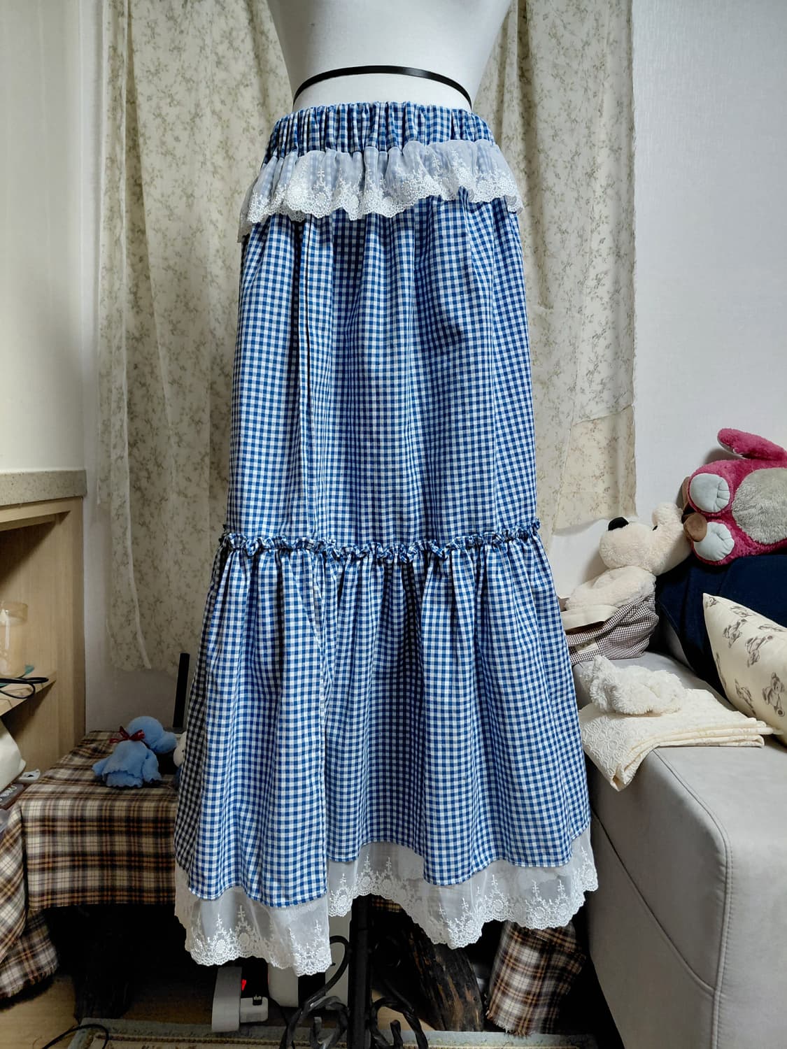 [빈티지 리폼] 블루 체크 캉캉 롱 스커트 레이스 상품이미지1