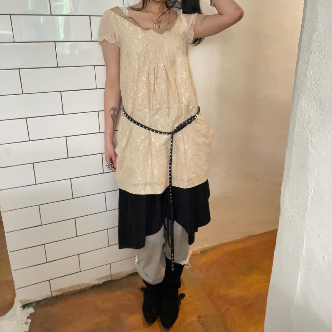 레이빔즈 레이스 퍼프 슬리브 믹스 원피스 상품이미지5