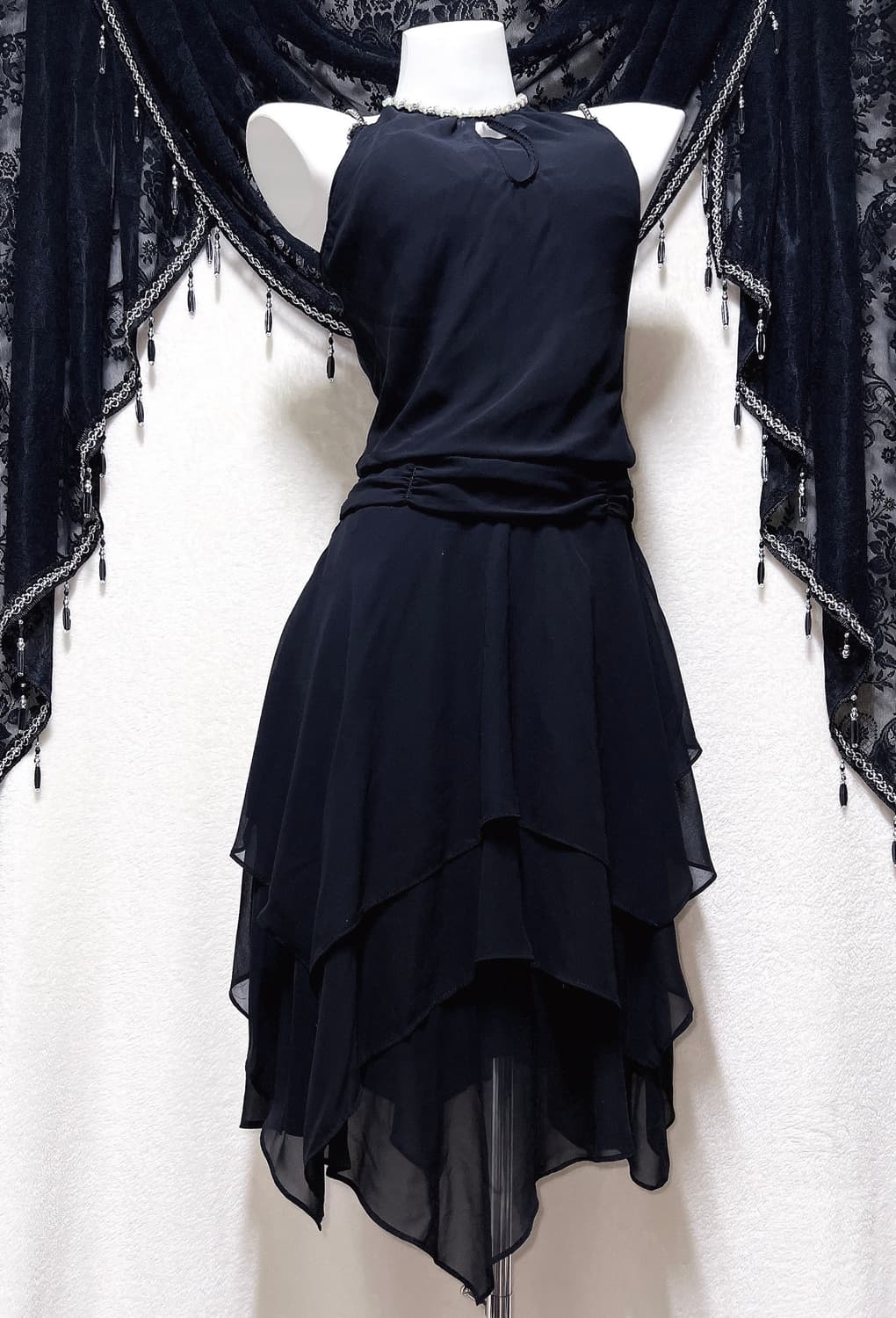 로맨틱고딕 고스 갸루 비즈 홀터넥 나시 언발 쉬폰원피스 파티드레스 연말 상품이미지3