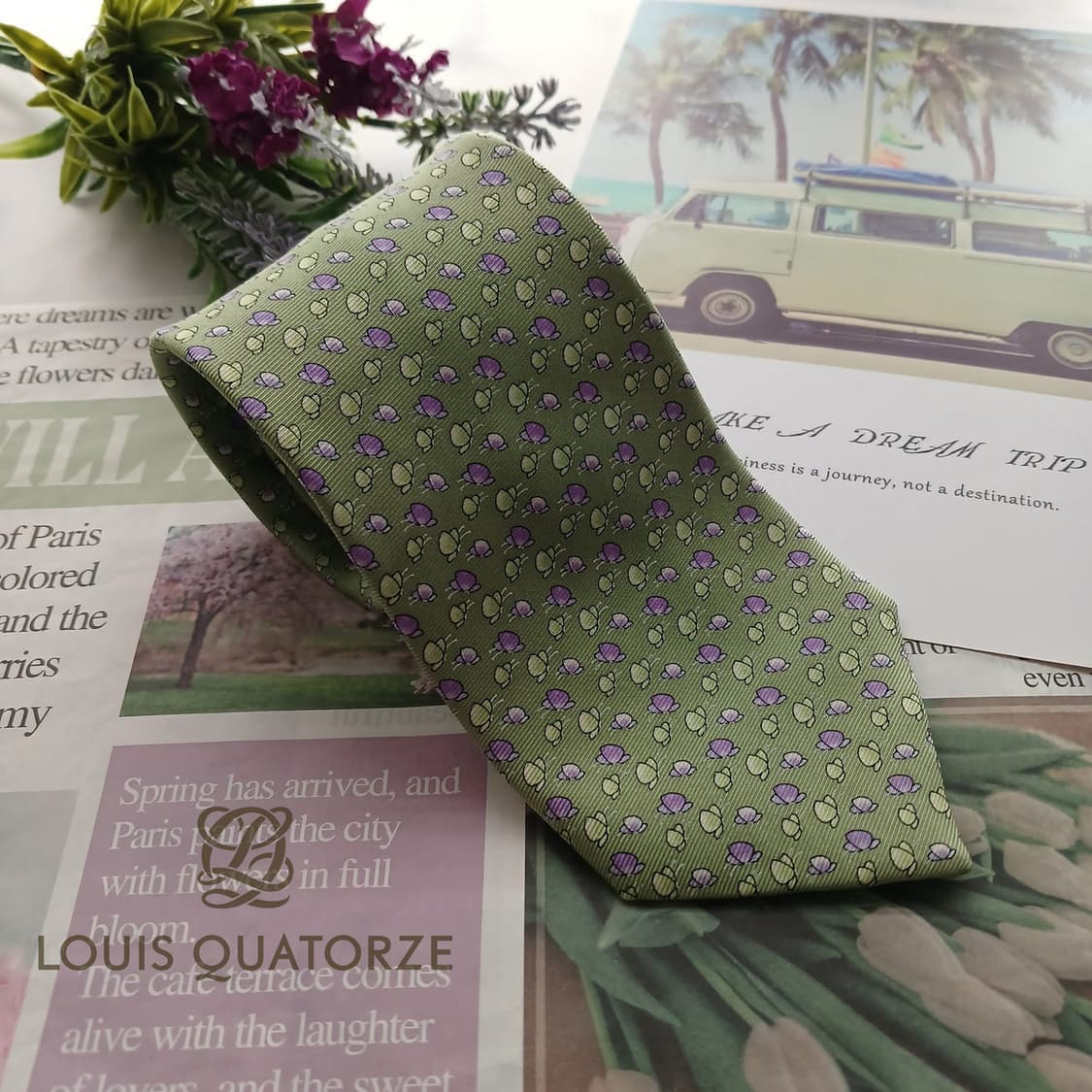 루이까또즈 실크 그린 플로럴 패턴 넥타이 8.6cm A+등급 A18752 상품이미지1