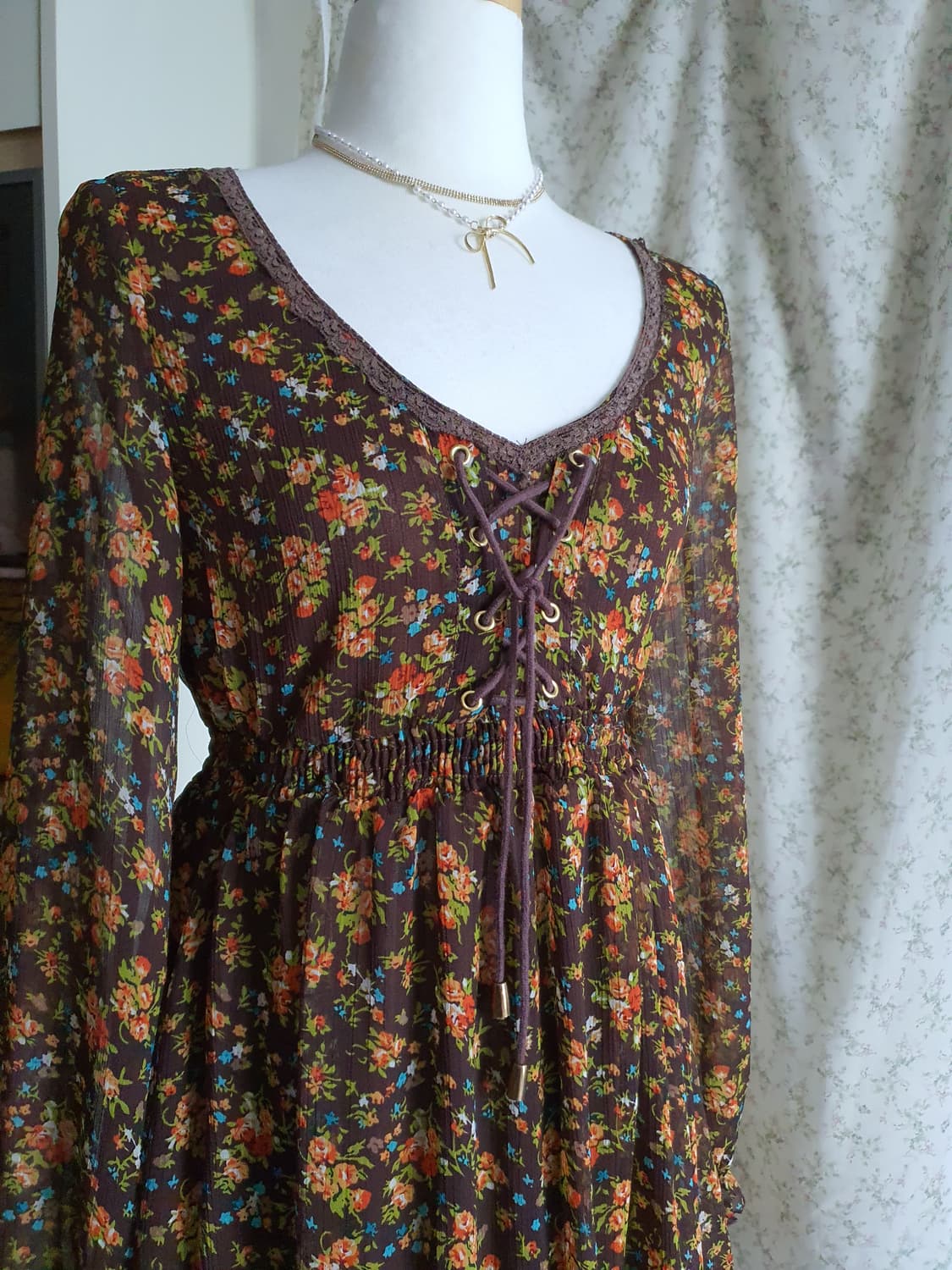 [히피룩] 플라워 패턴 롱 슬리브 쉬폰 미니 원피스 상품이미지6