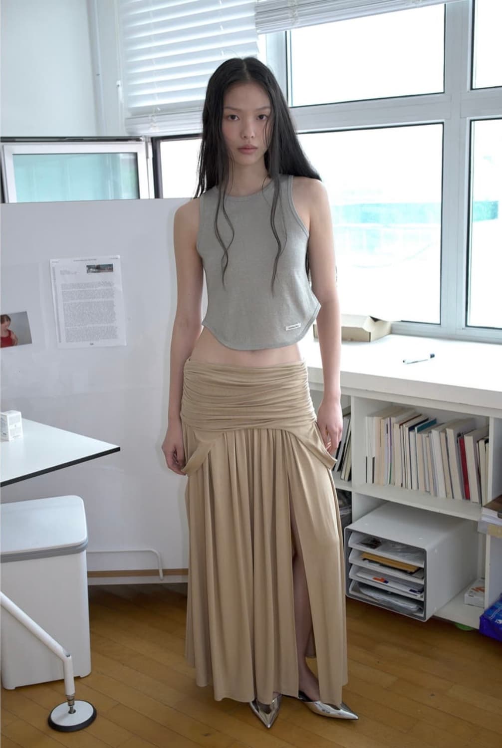 Drape turn over long skirt, SAND 상품이미지1