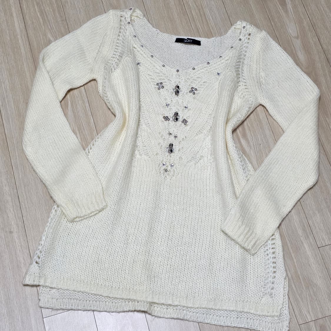 VICKY 일본빈티지)긱시크 y2k 아이보리 큐빅 로맨틱 니트롱슬리브 상품이미지3