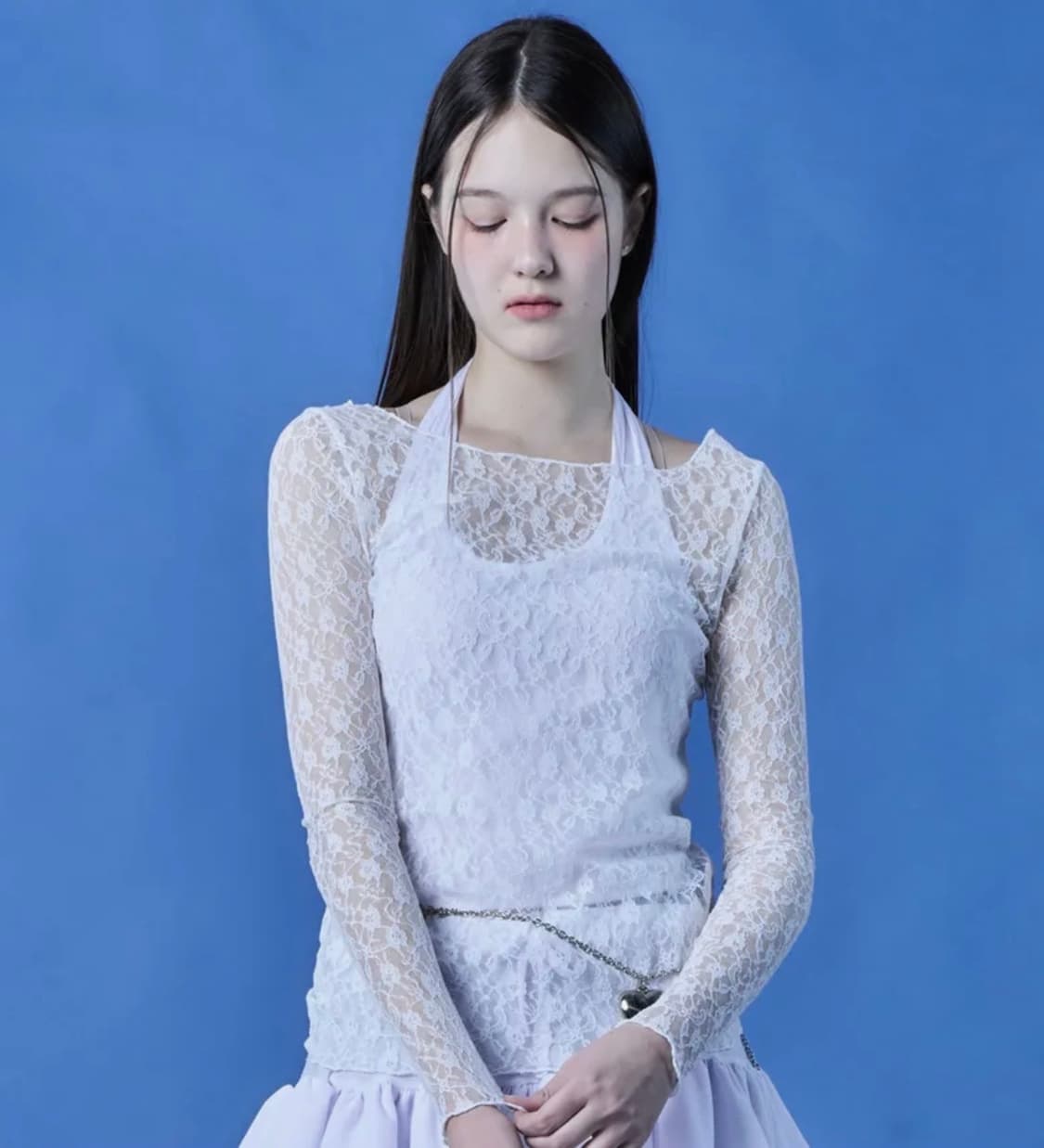 콜릿 시스루 링클 레이스 긴팔 티셔츠 상품이미지2