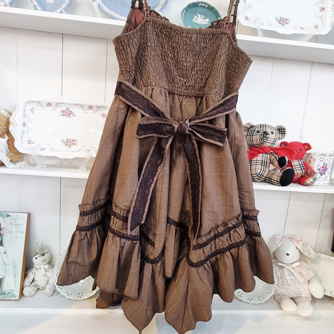 브라운 체크 프릴 레이스 원피스 상품이미지5