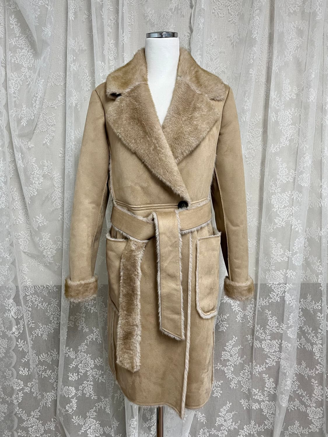 XS) dkny 도나카란 노치드 칼라 벨트 무스탕 코트 상품이미지1