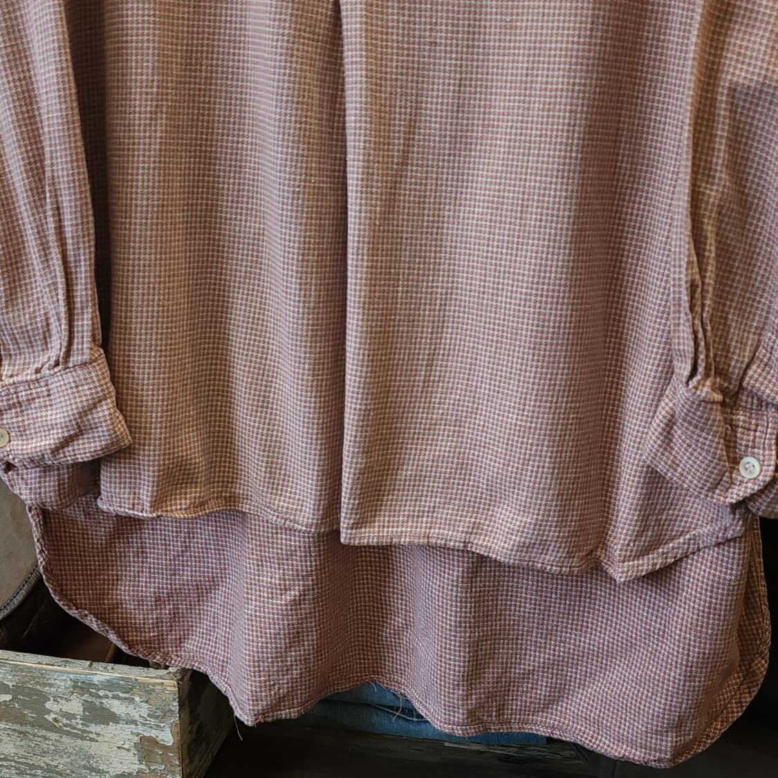 60s 프랑스 워크셔츠 가드너 빈티지 셔츠 잔체크 롱 튜닉 셔츠 L 상품이미지9