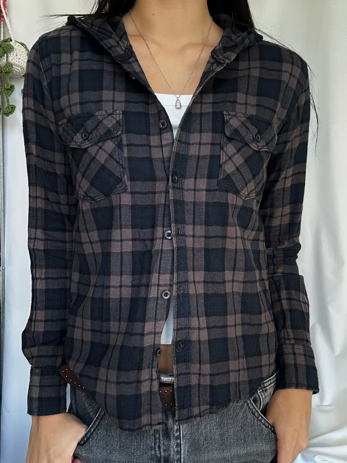 빈티지 후드 체크 긴팔셔츠 상품이미지1