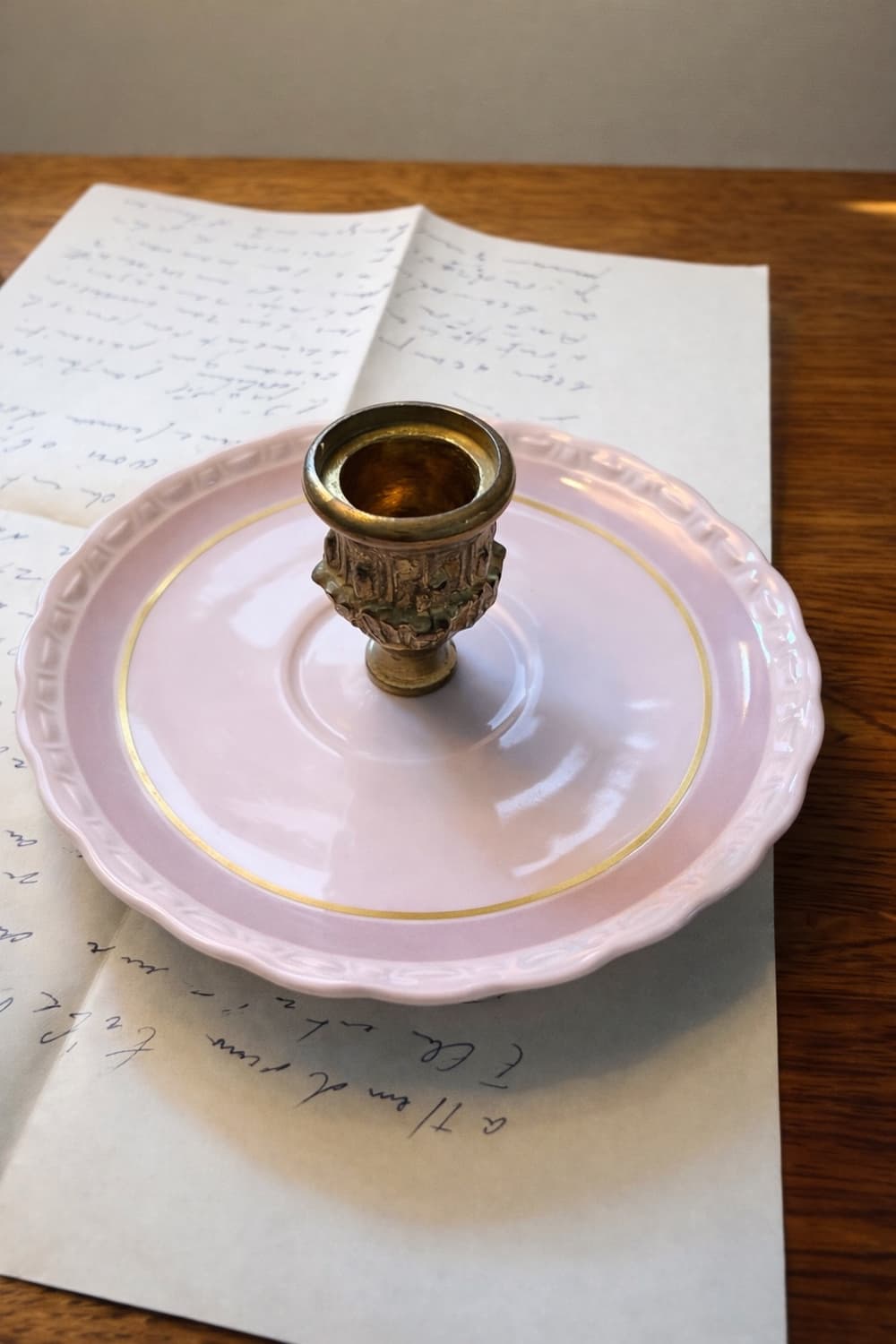 독일(후첸로이터) 핑크 로즈 소서 브론즈일체형 촛대 상품이미지2