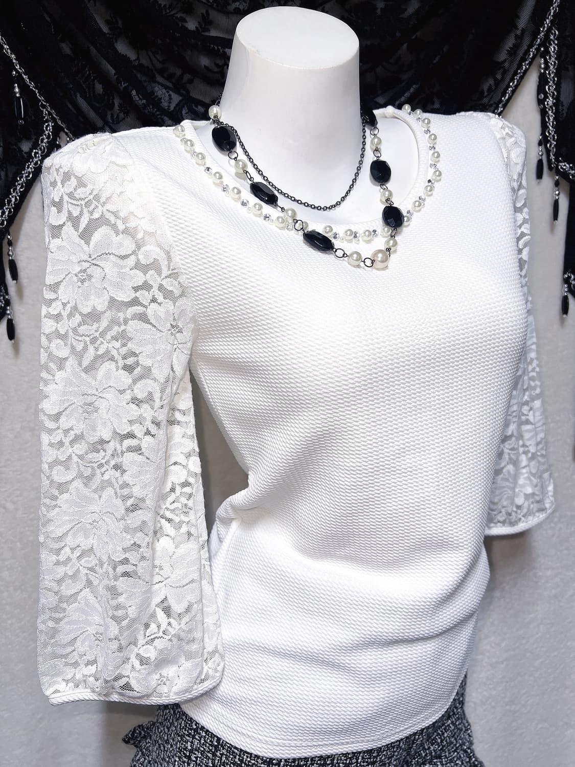 로맨틱갸루 로걀탑 진주 큐빅 시스루 레이스 블라우스 히메 양산형 핀터 상품이미지6