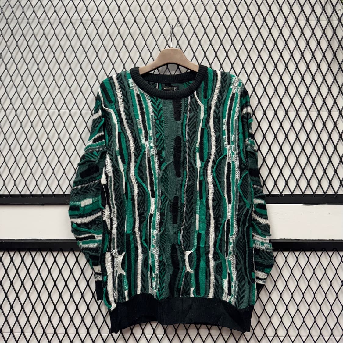 JPN VTG 웨이브 패턴 롱 니트 스웨터 케이블 디테일 카키 상품이미지1